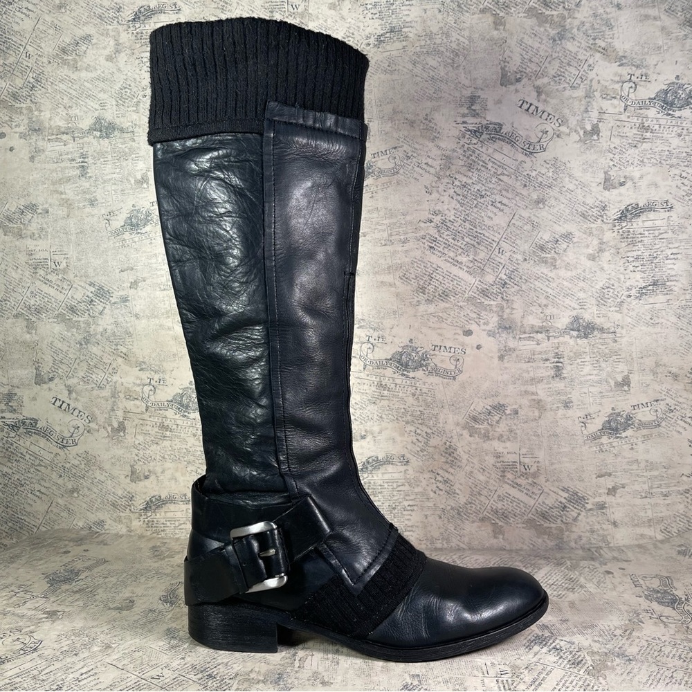 Apepazza ZEBU Black Leather Knit Combat Boots Italian Designer Size 7.5